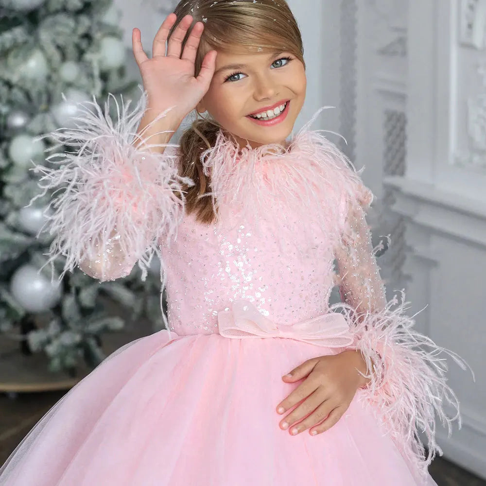 DreamyVow Luxury Arabic Lilac Girl Dress Feathers Long Sleeve Dubai Kids Princess Birthday Wedding Party Ball Gown 2024 J371-DreamyVow