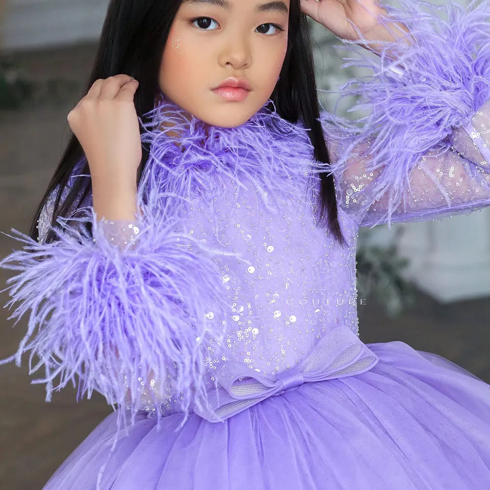 DreamyVow Luxury Arabic Lilac Girl Dress Feathers Long Sleeve Dubai Kids Princess Birthday Wedding Party Ball Gown 2024 J371-DreamyVow