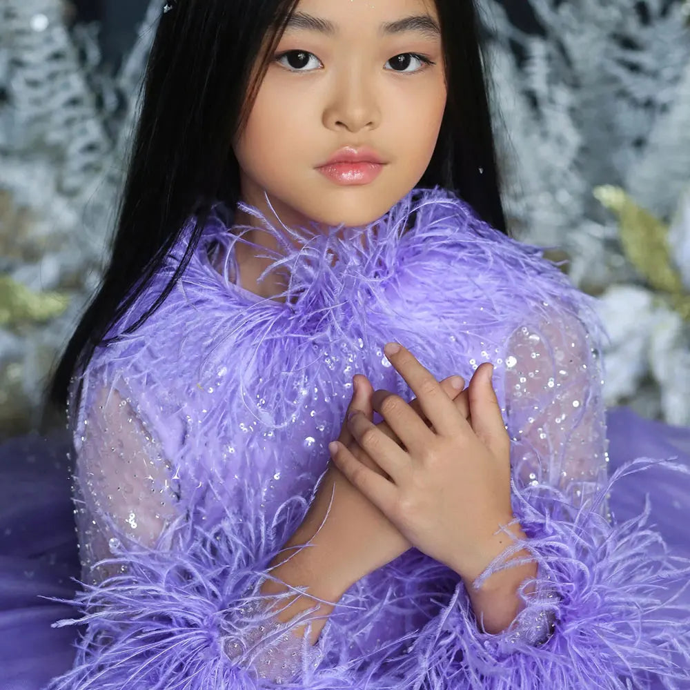 DreamyVow Luxury Arabic Lilac Girl Dress Feathers Long Sleeve Dubai Kids Princess Birthday Wedding Party Ball Gown 2024 J371-DreamyVow