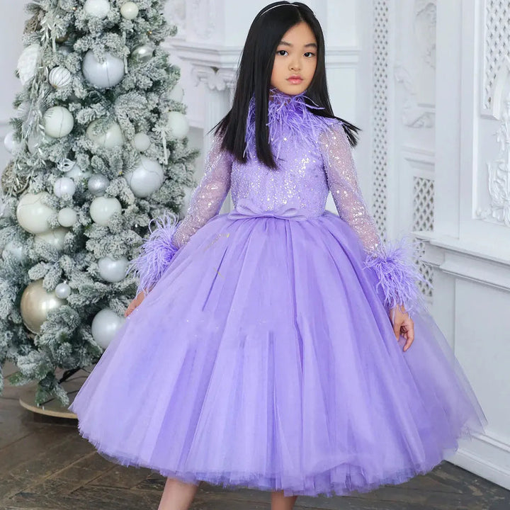 DreamyVow Luxury Arabic Lilac Girl Dress Feathers Long Sleeve Dubai Kids Princess Birthday Wedding Party Ball Gown 2024 J371-DreamyVow