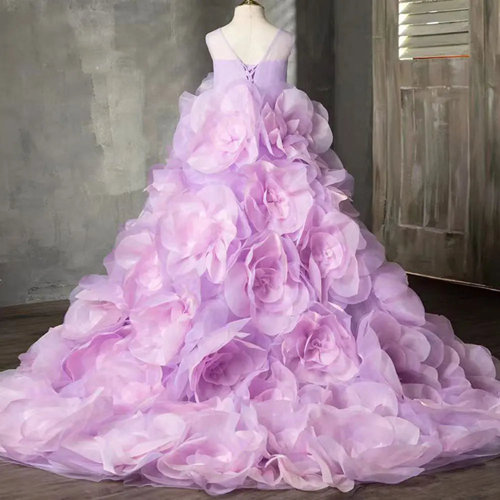 DreamyVow Luxury Arabic Lilac Girl Dressndmade 3D Flowers Dubai Kids Princess Birthday Wedding Party Ball Gown 2024 J201-DreamyVow