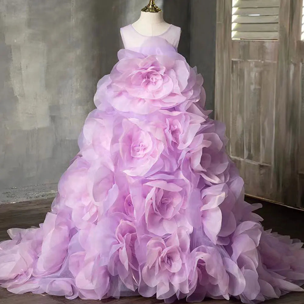 DreamyVow Luxury Arabic Lilac Girl Dressndmade 3D Flowers Dubai Kids Princess Birthday Wedding Party Ball Gown 2024 J201-DreamyVow