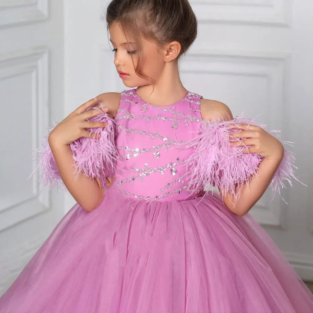 DreamyVow Luxury Arabic Pink Girl Dress Beading Feathers Dubai Baby Kids Princess Holiday Birthday Wedding Party Gown 2024 J364-DreamyVow