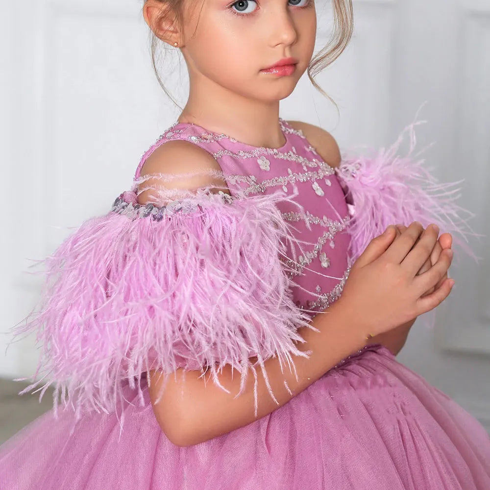 DreamyVow Luxury Arabic Pink Girl Dress Beading Feathers Dubai Baby Kids Princess Holiday Birthday Wedding Party Gown 2024 J364-DreamyVow