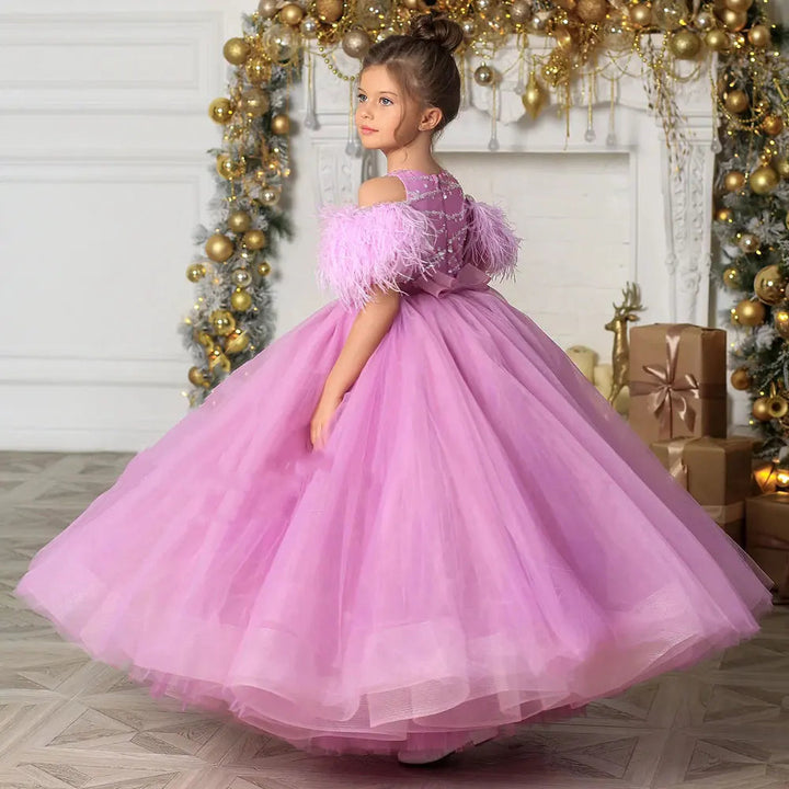 DreamyVow Luxury Arabic Pink Girl Dress Beading Feathers Dubai Baby Kids Princess Holiday Birthday Wedding Party Gown 2024 J364-DreamyVow