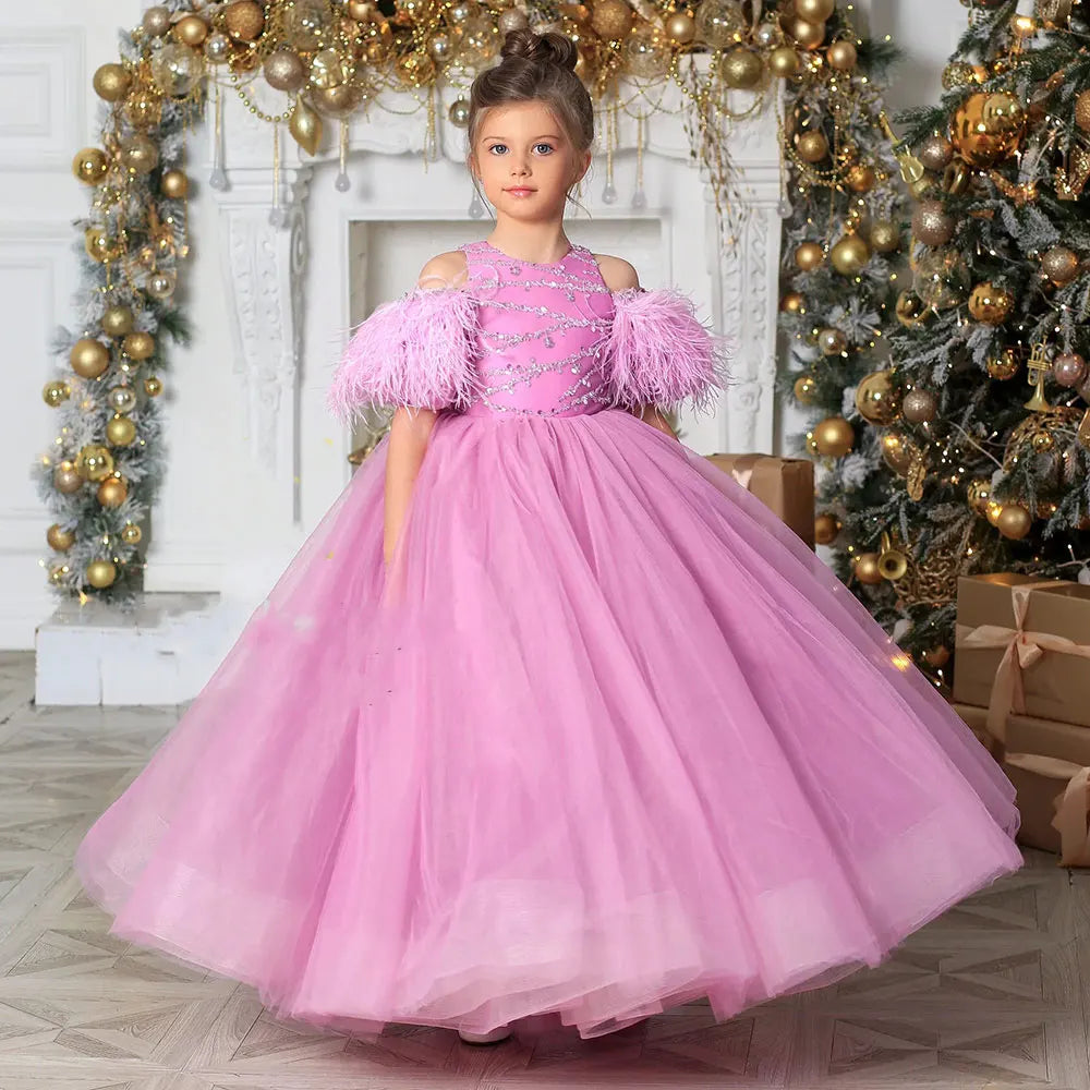 DreamyVow Luxury Arabic Pink Girl Dress Beading Feathers Dubai Baby Kids Princess Holiday Birthday Wedding Party Gown 2024 J364-DreamyVow