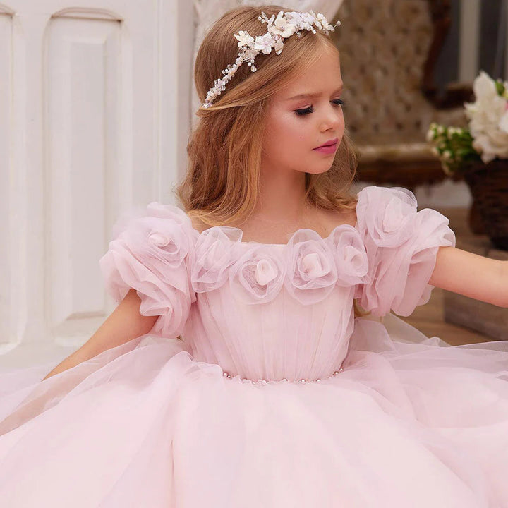 DreamyVow Luxury Arabic Pink Girl Dress Handmade Flowers Princess Gown Kids Wedding Birthday Communion Party Quinceañera J150-DreamyVow