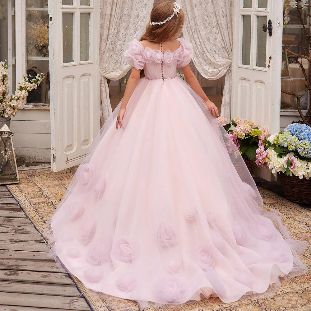 DreamyVow Luxury Arabic Pink Girl Dress Handmade Flowers Princess Gown Kids Wedding Birthday Communion Party Quinceañera J150-DreamyVow