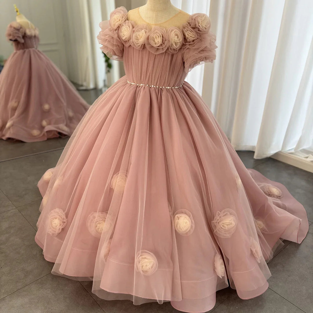 DreamyVow Luxury Arabic Pink Girl Dress Handmade Flowers Princess Gown Kids Wedding Birthday Communion Party Quinceañera J150-DreamyVow