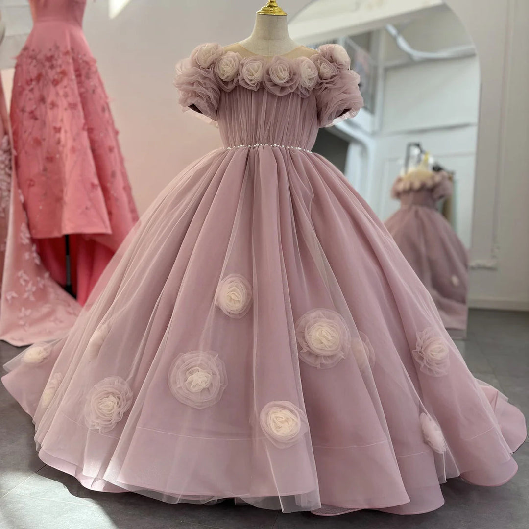 DreamyVow Luxury Arabic Pink Girl Dress Handmade Flowers Princess Gown Kids Wedding Birthday Communion Party Quinceañera J150-DreamyVow