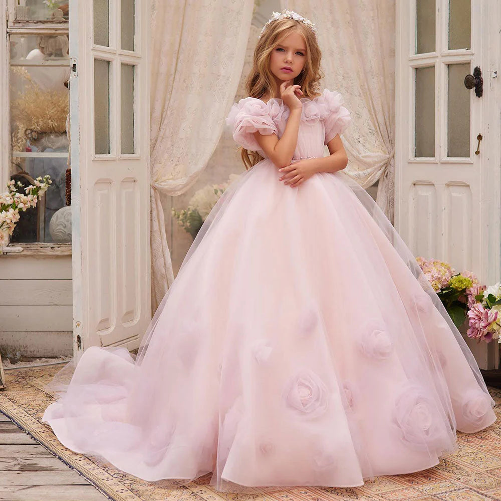 DreamyVow Luxury Arabic Pink Girl Dress Handmade Flowers Princess Gown Kids Wedding Birthday Communion Party Quinceañera J150-DreamyVow