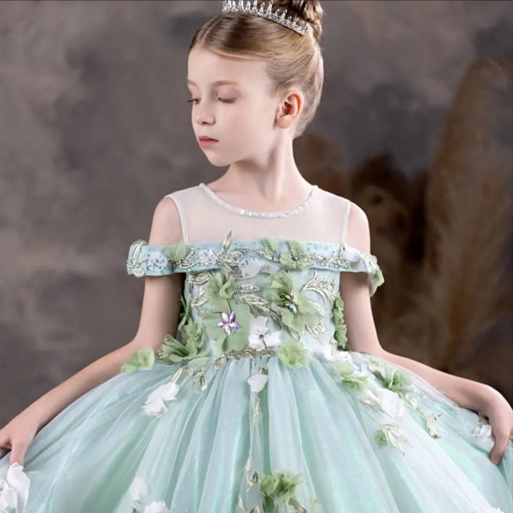 DreamyVow Luxury Arabic Sage Green Flower Girl Dresses Floral Appliques Princess Kids Gown for Birthday Wedding Party Show J119-DreamyVow