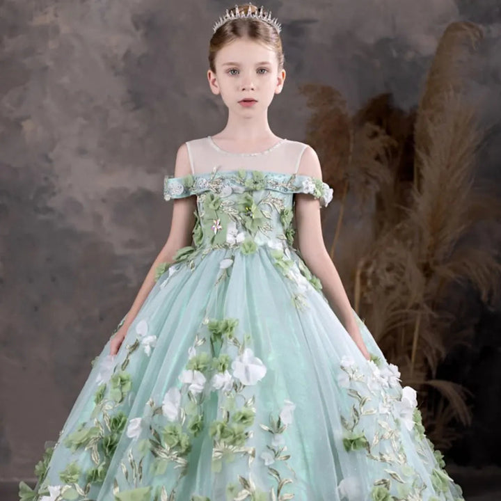 DreamyVow Luxury Arabic Sage Green Flower Girl Dresses Floral Appliques Princess Kids Gown for Birthday Wedding Party Show J119-DreamyVow