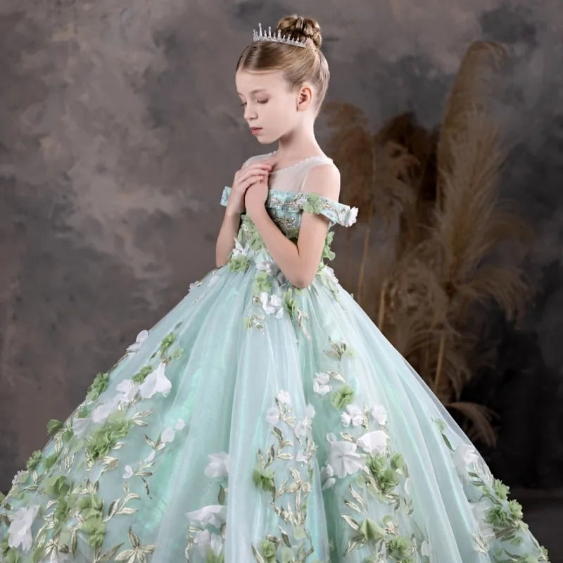 DreamyVow Luxury Arabic Sage Green Flower Girl Dresses Floral Appliques Princess Kids Gown for Birthday Wedding Party Show J119-DreamyVow