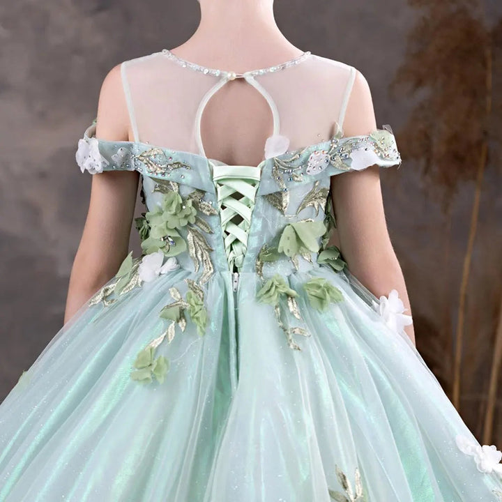 DreamyVow Luxury Arabic Sage Green Flower Girl Dresses Floral Appliques Princess Kids Gown for Birthday Wedding Party Show J119-DreamyVow