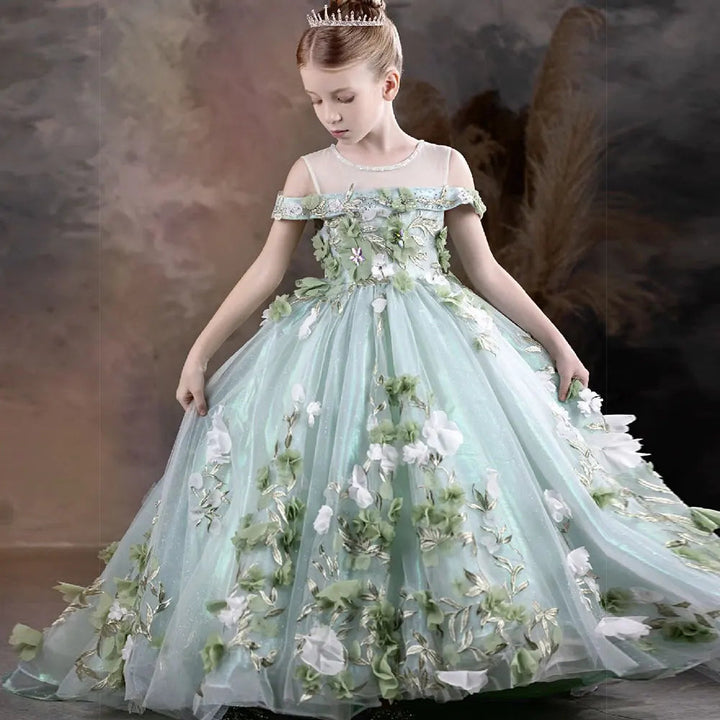 DreamyVow Luxury Arabic Sage Green Flower Girl Dresses Floral Appliques Princess Kids Gown for Birthday Wedding Party Show J119-DreamyVow