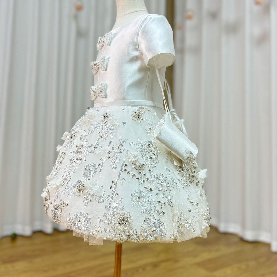 DreamyVow Luxury Arabic White Girl Dress Bow Handmade Flowers with Glove Baby Kid Princess Wedding Birthday Party Gown 2024 J357-DreamyVow