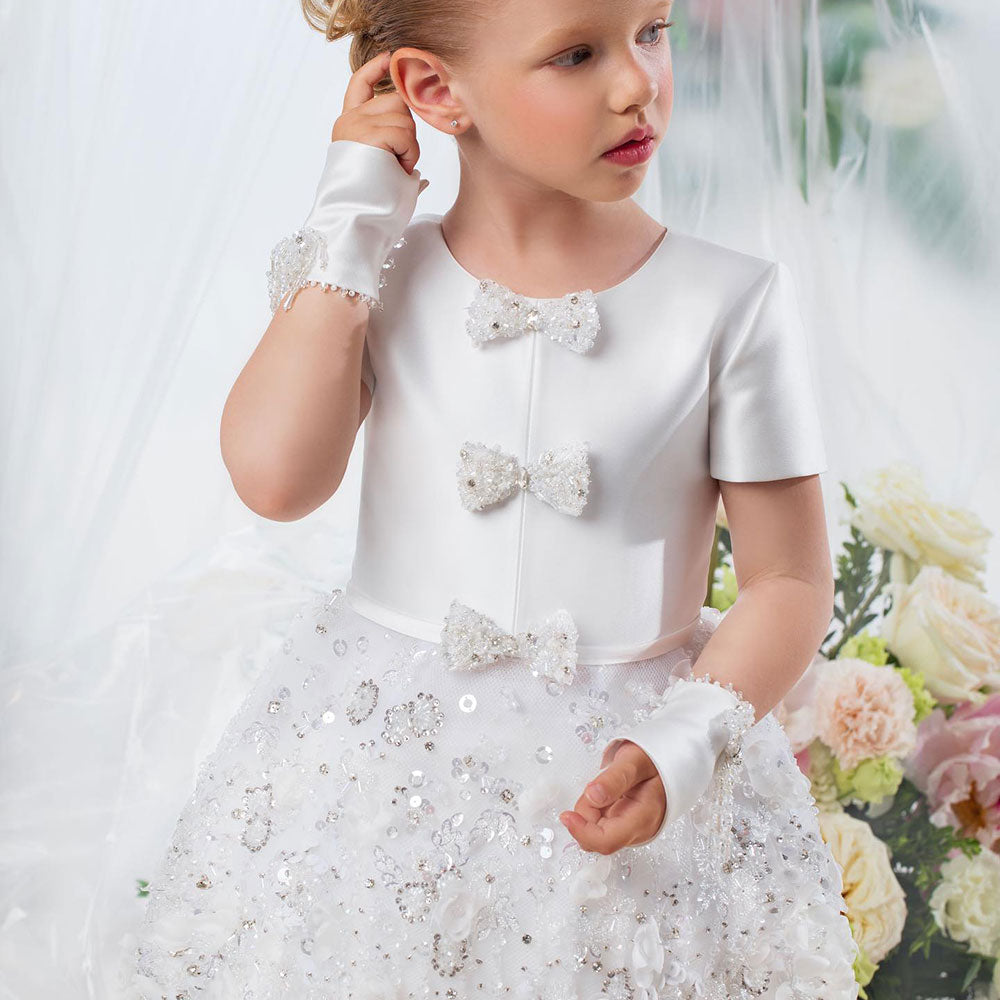 DreamyVow Luxury Arabic White Girl Dress Bow Handmade Flowers with Glove Baby Kid Princess Wedding Birthday Party Gown 2024 J357-DreamyVow