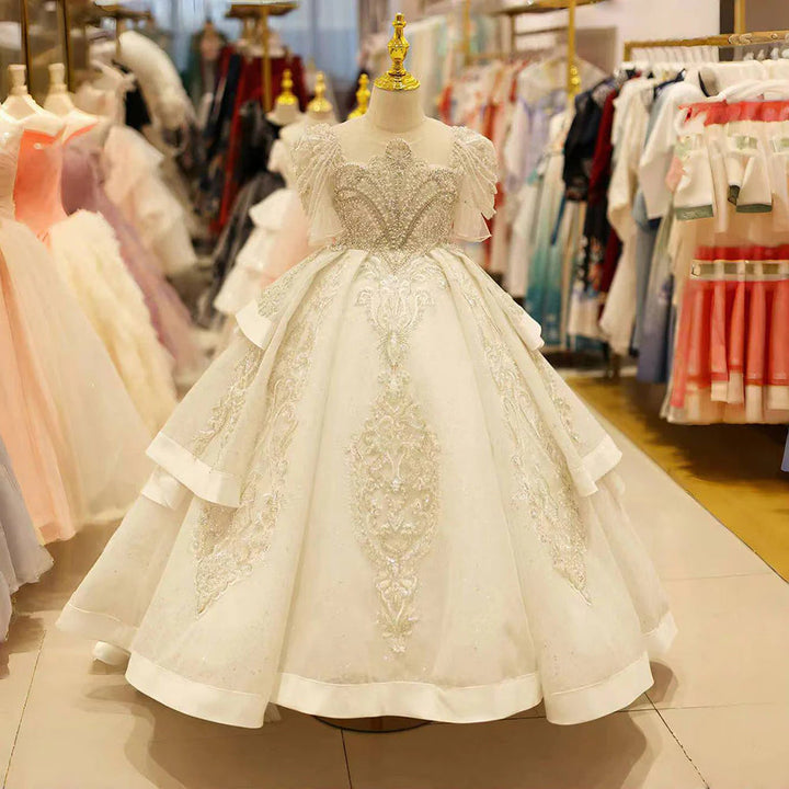 DreamyVow Luxury Arabic White Girl Quinceanera Dresses Beaded Pearls Dubai Princess Gown for Kids Birthday Wedding Party J095-DreamyVow