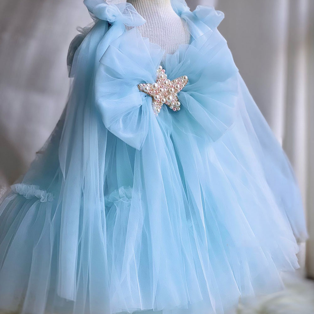 DreamyVow Luxury Blue Baby Flower Girl Dresses Mini Beading Pearls Princess Kids Gown for Birthday Wedding Communion Party J038-DreamyVow