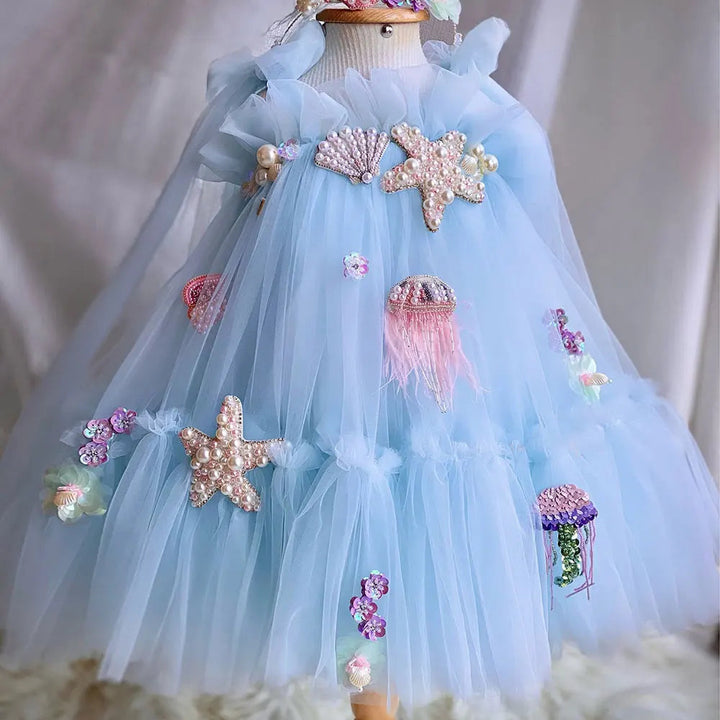 DreamyVow Luxury Blue Baby Flower Girl Dresses Mini Beading Pearls Princess Kids Gown for Birthday Wedding Communion Party J038-DreamyVow