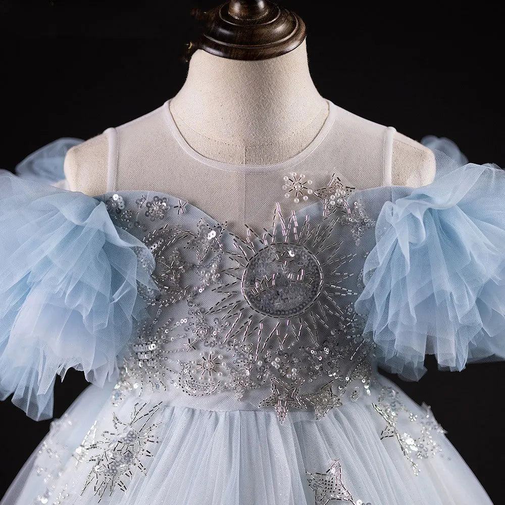 DreamyVow Luxury Blue Dubai Flower Girl Dress Beading Arabic Princess Kids Wedding Birthday Party Long Ball Gown 2024 J387-DreamyVow