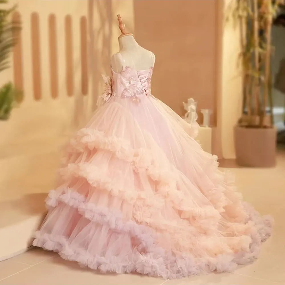 DreamyVow Luxury Blush Flower Girl Dress Feathers Arabic Princess Kids Wedding Birthday Party Ball Gown Holy Communion 2024 J246-DreamyVow