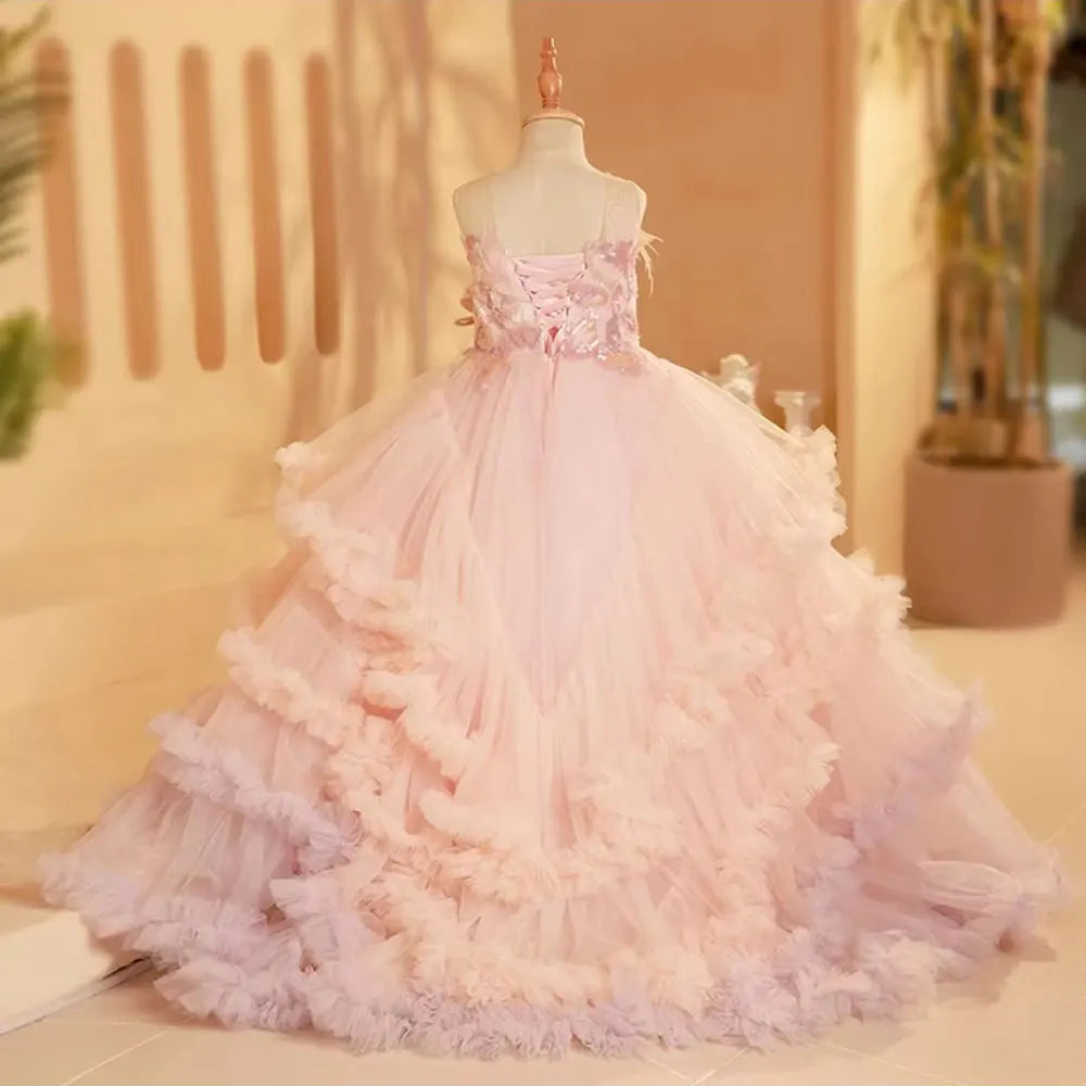 DreamyVow Luxury Blush Flower Girl Dress Feathers Arabic Princess Kids Wedding Birthday Party Ball Gown Holy Communion 2024 J246-DreamyVow