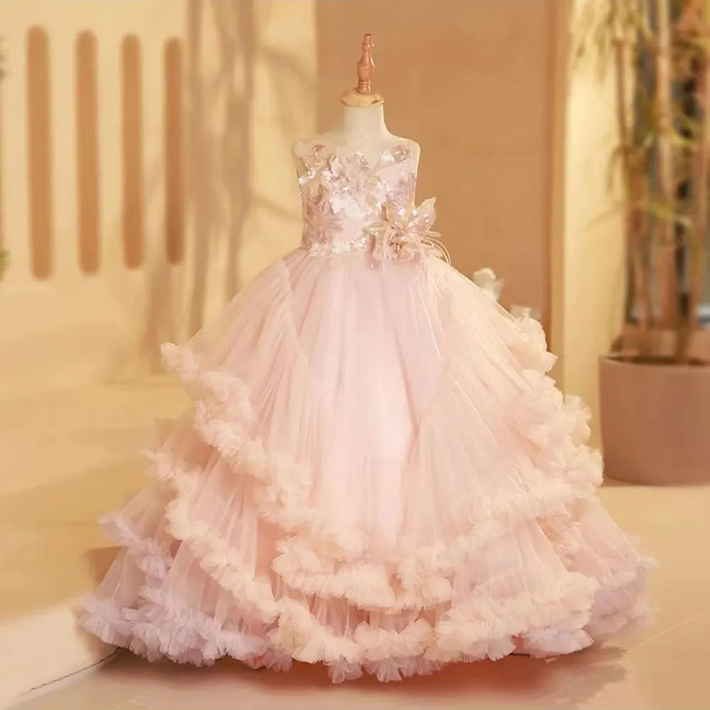 DreamyVow Luxury Blush Flower Girl Dress Feathers Arabic Princess Kids Wedding Birthday Party Ball Gown Holy Communion 2024 J246-DreamyVow