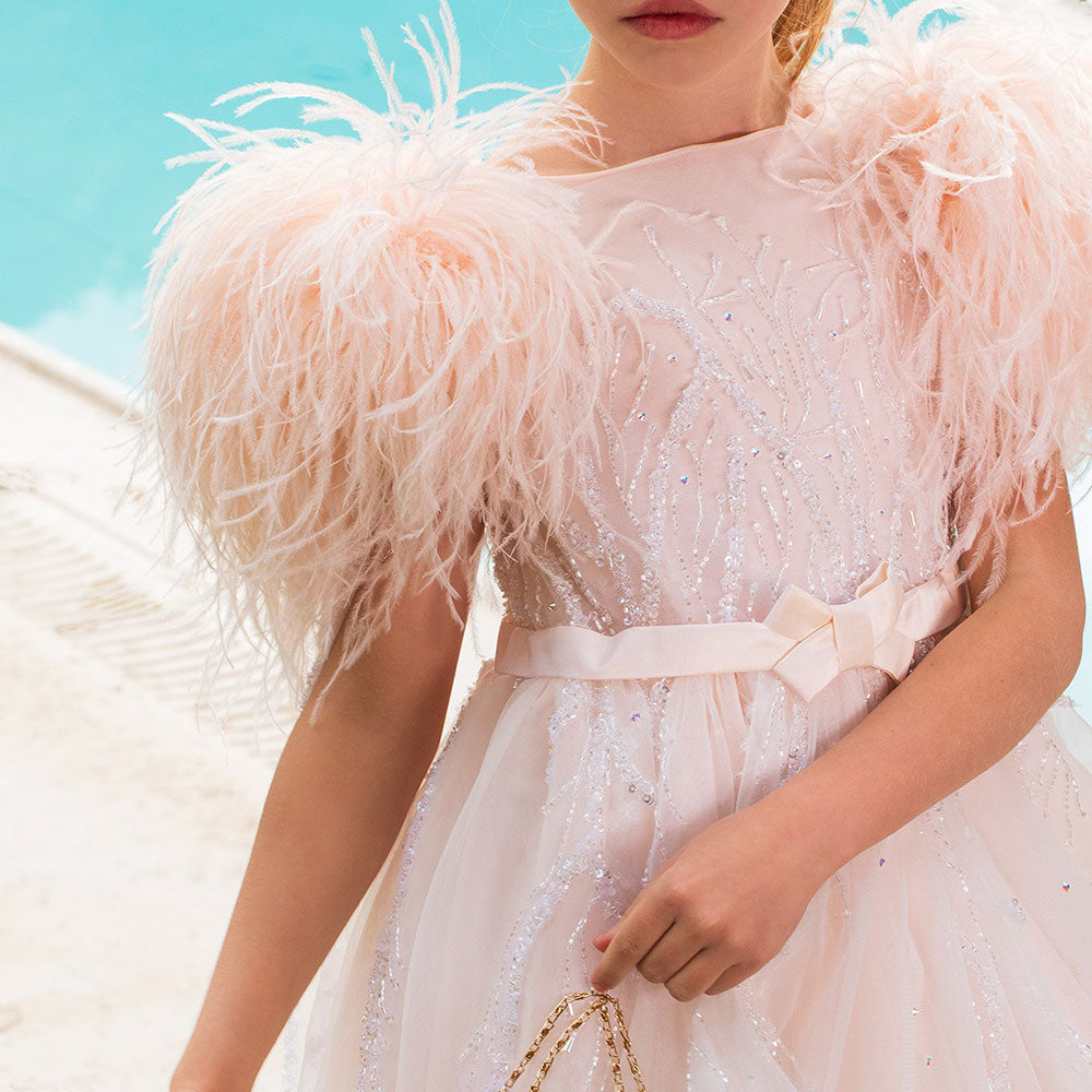 DreamyVow Luxury Blush Girl Dress Feathers Beading Princess Kids Wedding Birthday Party Evening Prom Gown Communion 2024 J193-DreamyVow