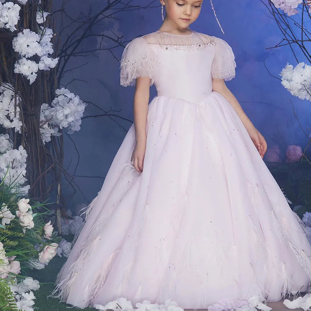 DreamyVow Luxury Blush Pink Girl Dress Feathers Beaded Princess Baby Kids Wedding Birthday Party Gown First Communion 2024 J391-DreamyVow