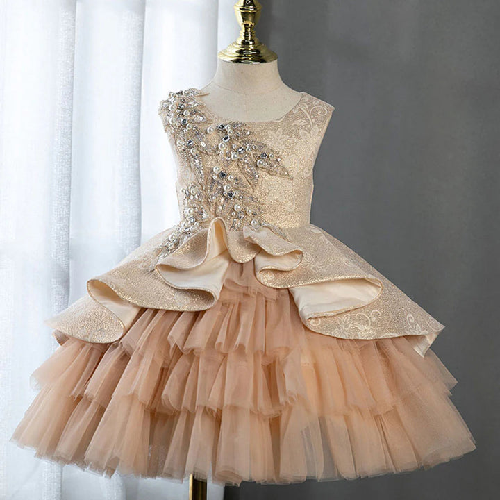 DreamyVow Luxury Champagne Flower Girl Dress Ruffles Pearls Beading Prom Formal Gown for Baby Birthday Wedding Party J403-DreamyVow