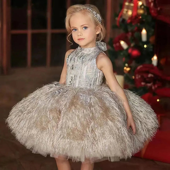 DreamyVow Luxury Champagne Girl Dress Feathers Dubai Kids Pink Wedding Birthday Communion Party Gowns vestido de Pageant J323-DreamyVow