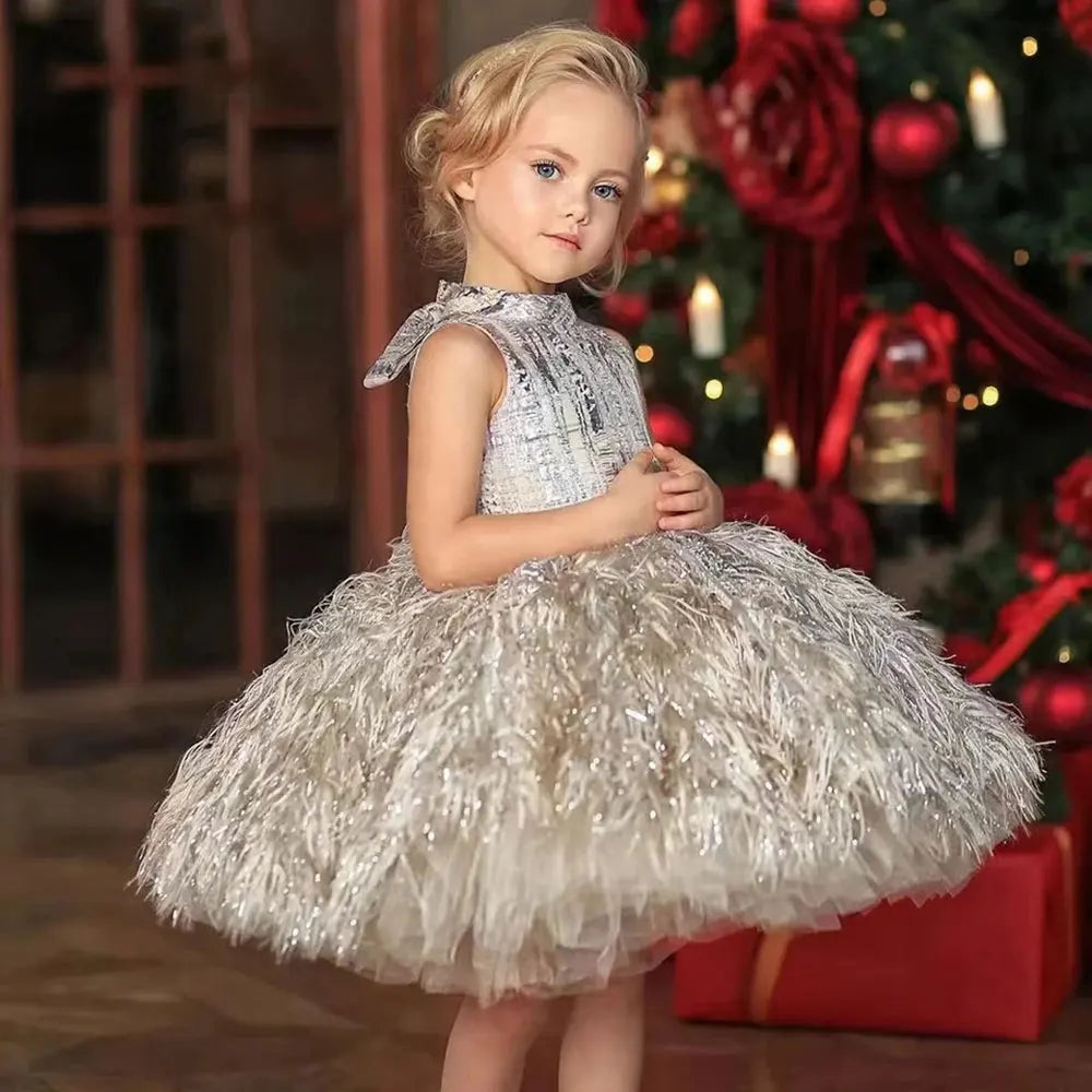 DreamyVow Luxury Champagne Girl Dress Feathers Dubai Kids Pink Wedding Birthday Communion Party Gowns vestido de Pageant J323-DreamyVow