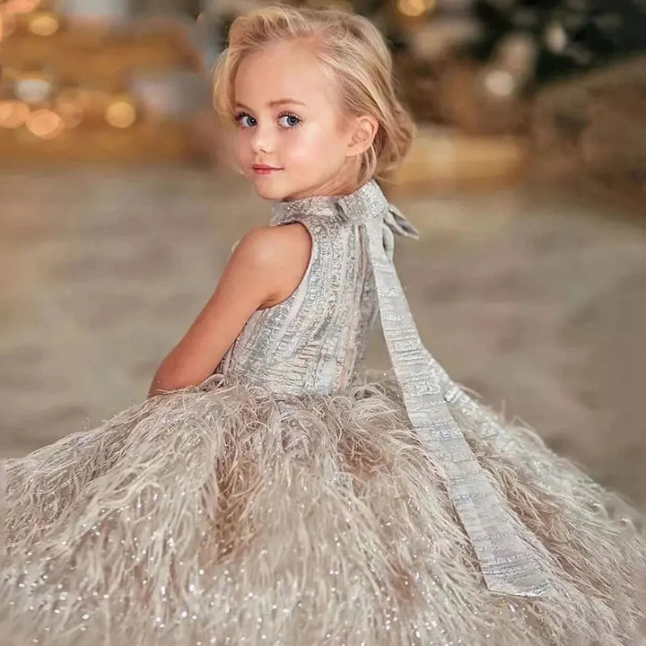 DreamyVow Luxury Champagne Girl Dress Feathers Dubai Kids Pink Wedding Birthday Communion Party Gowns vestido de Pageant J323-DreamyVow