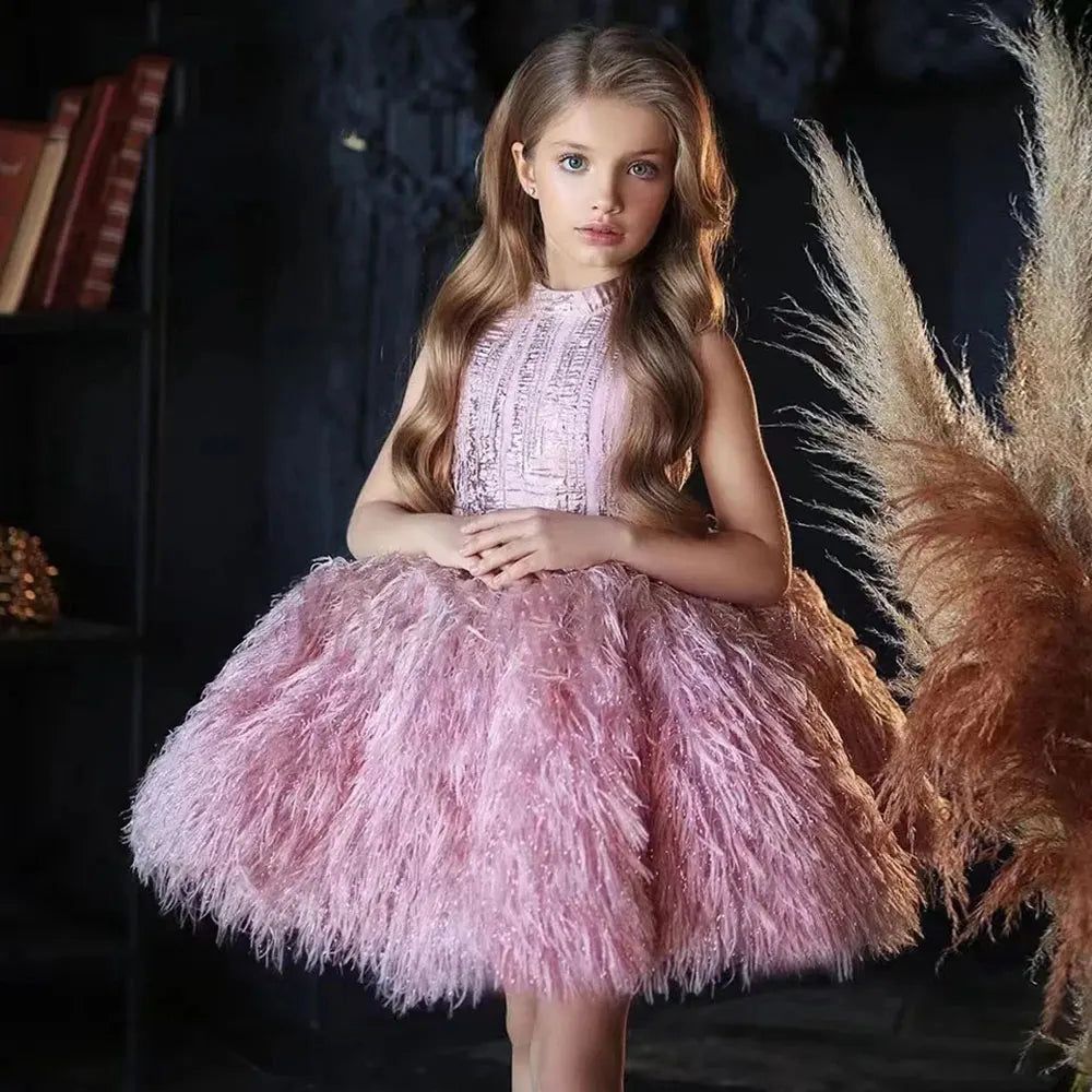 DreamyVow Luxury Champagne Girl Dress Feathers Dubai Kids Pink Wedding Birthday Communion Party Gowns vestido de Pageant J323-DreamyVow