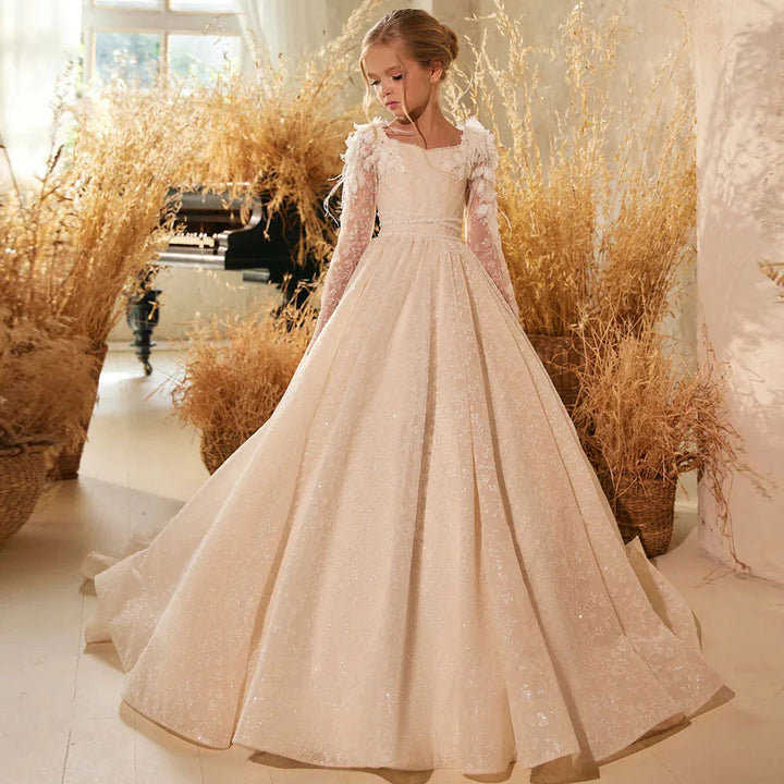 DreamyVow Luxury Champagne Girl Dress Feathers Lace Bow Princess Kids Wedding Birthday First Communion Party Gown 2024 J260-DreamyVow