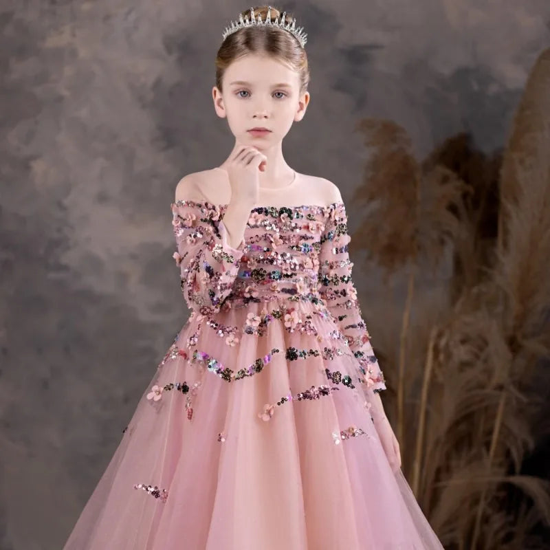 DreamyVow Luxury Coral Flower Girl Dresses Beading Sequined Princess Cute Gown for Kids Wedding Birthday Party Pageant J125-DreamyVow