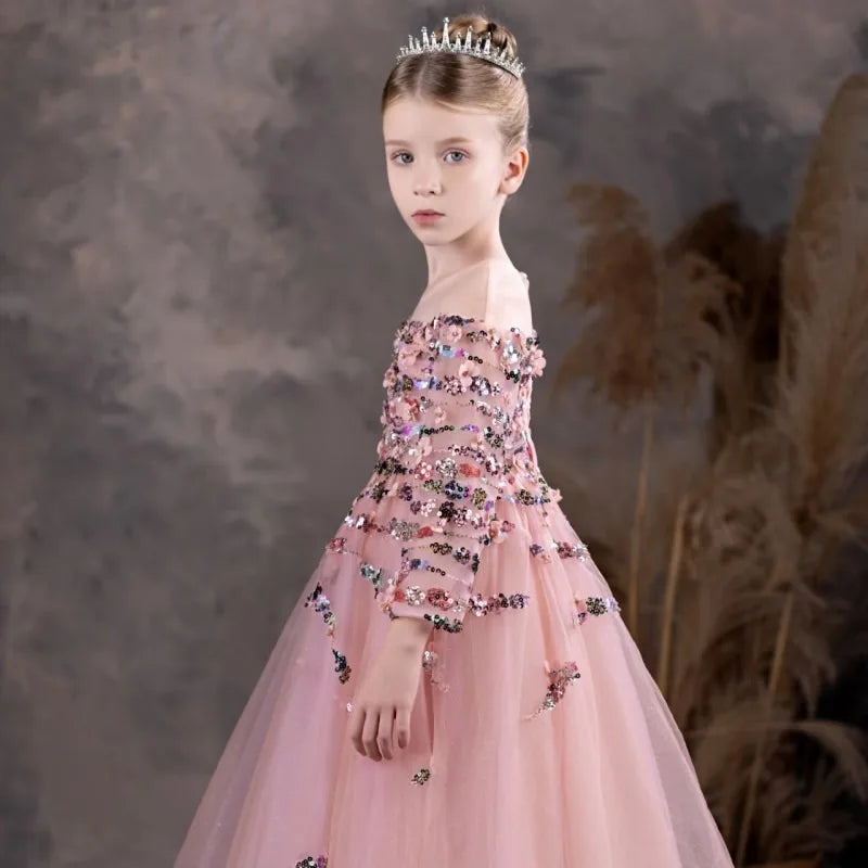 DreamyVow Luxury Coral Flower Girl Dresses Beading Sequined Princess Cute Gown for Kids Wedding Birthday Party Pageant J125-DreamyVow