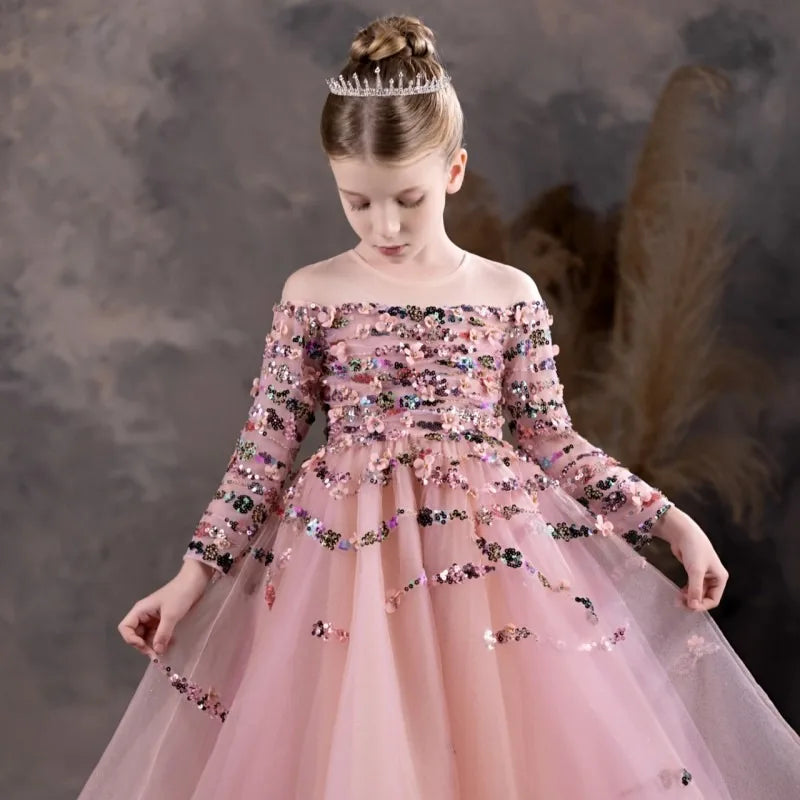 DreamyVow Luxury Coral Flower Girl Dresses Beading Sequined Princess Cute Gown for Kids Wedding Birthday Party Pageant J125-DreamyVow