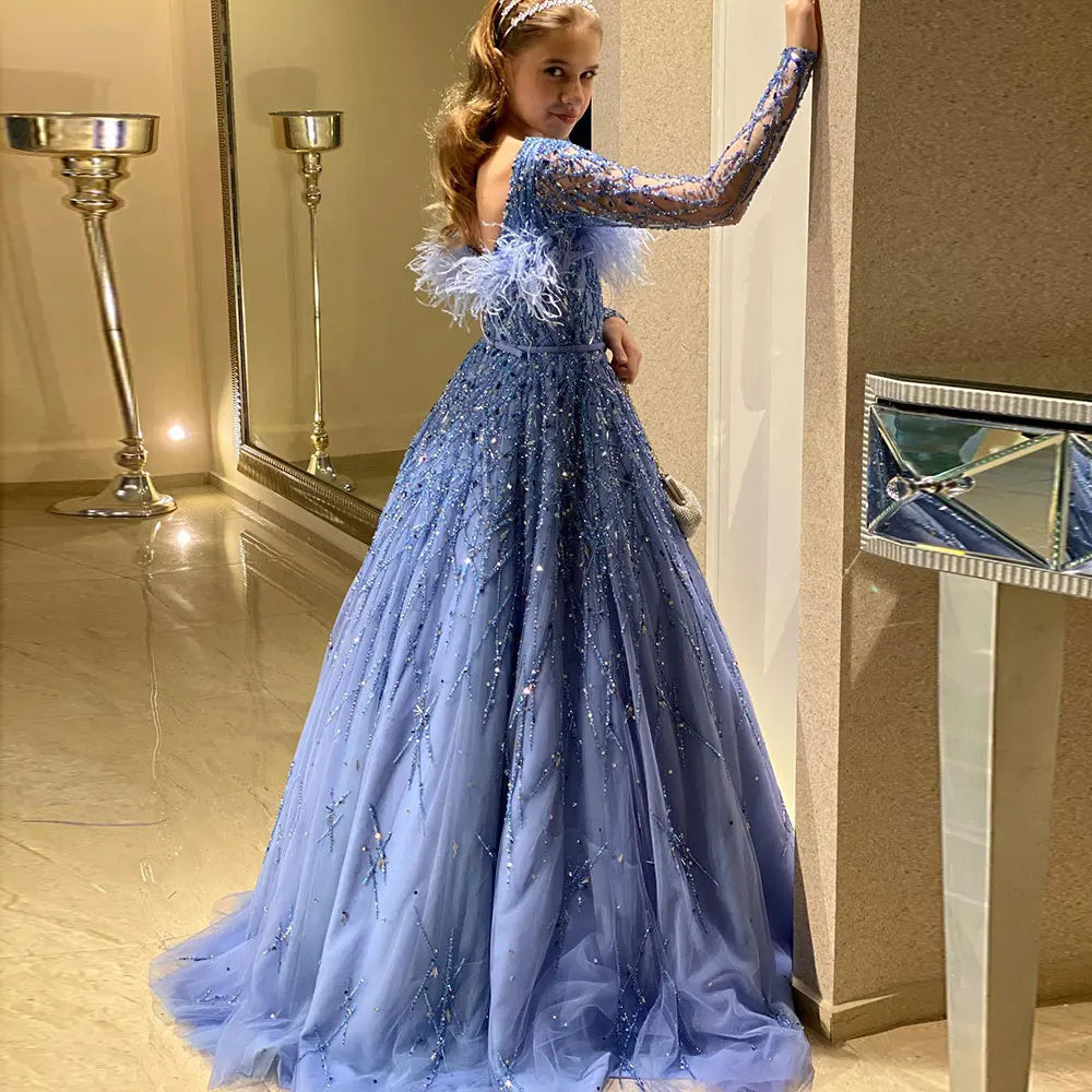 DreamyVow Luxury Dubai Blue Girl Dress Feathers Beaed A-Line Gown for Kids Wedding Birthday Communion Party Pageant 2024 J369-DreamyVow