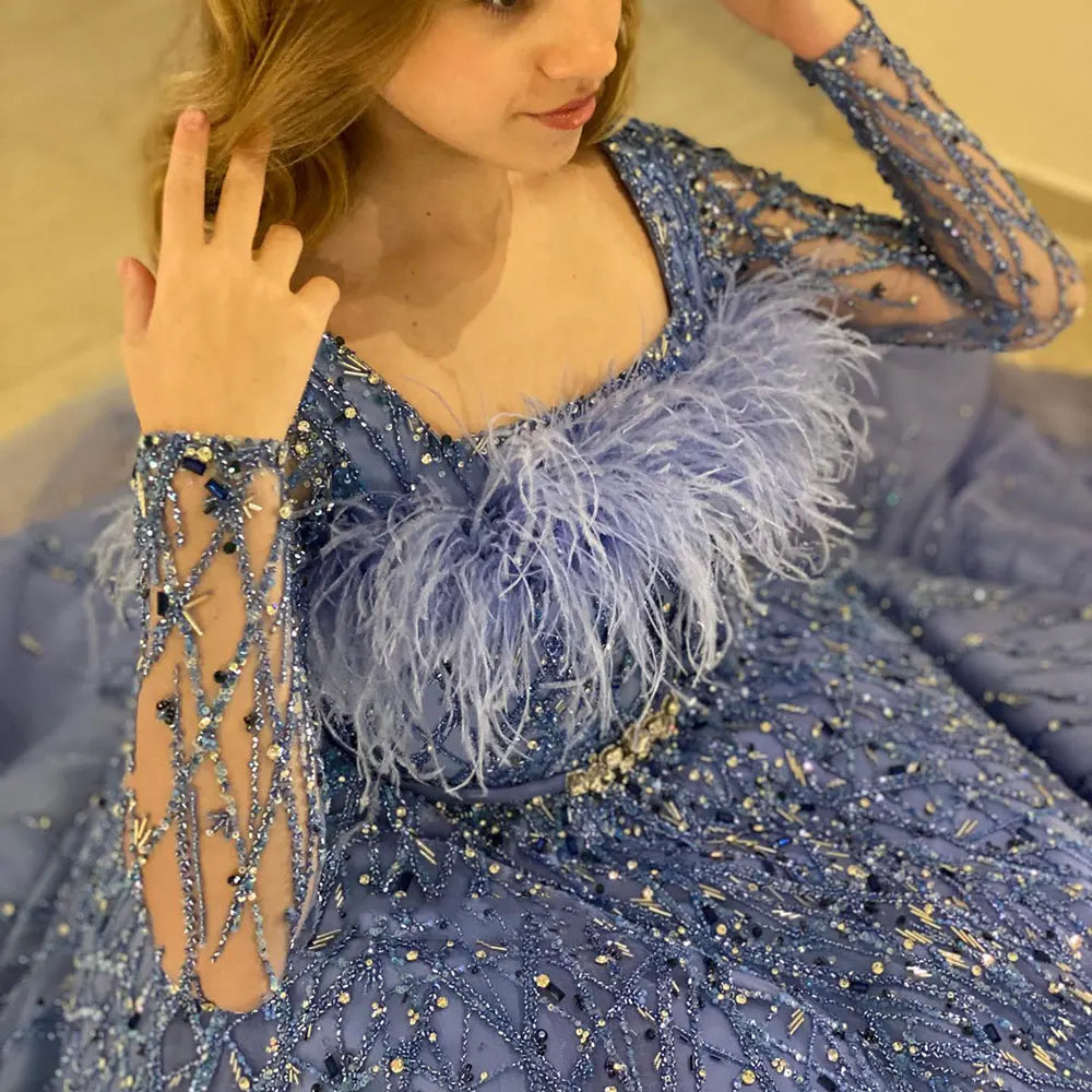 DreamyVow Luxury Dubai Blue Girl Dress Feathers Beaed A-Line Gown for Kids Wedding Birthday Communion Party Pageant 2024 J369-DreamyVow