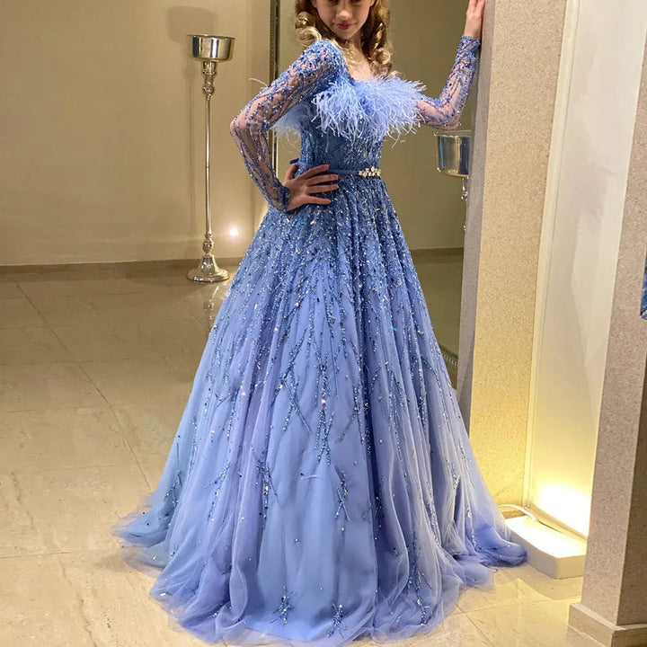 DreamyVow Luxury Dubai Blue Girl Dress Feathers Beaed A-Line Gown for Kids Wedding Birthday Communion Party Pageant 2024 J369-DreamyVow