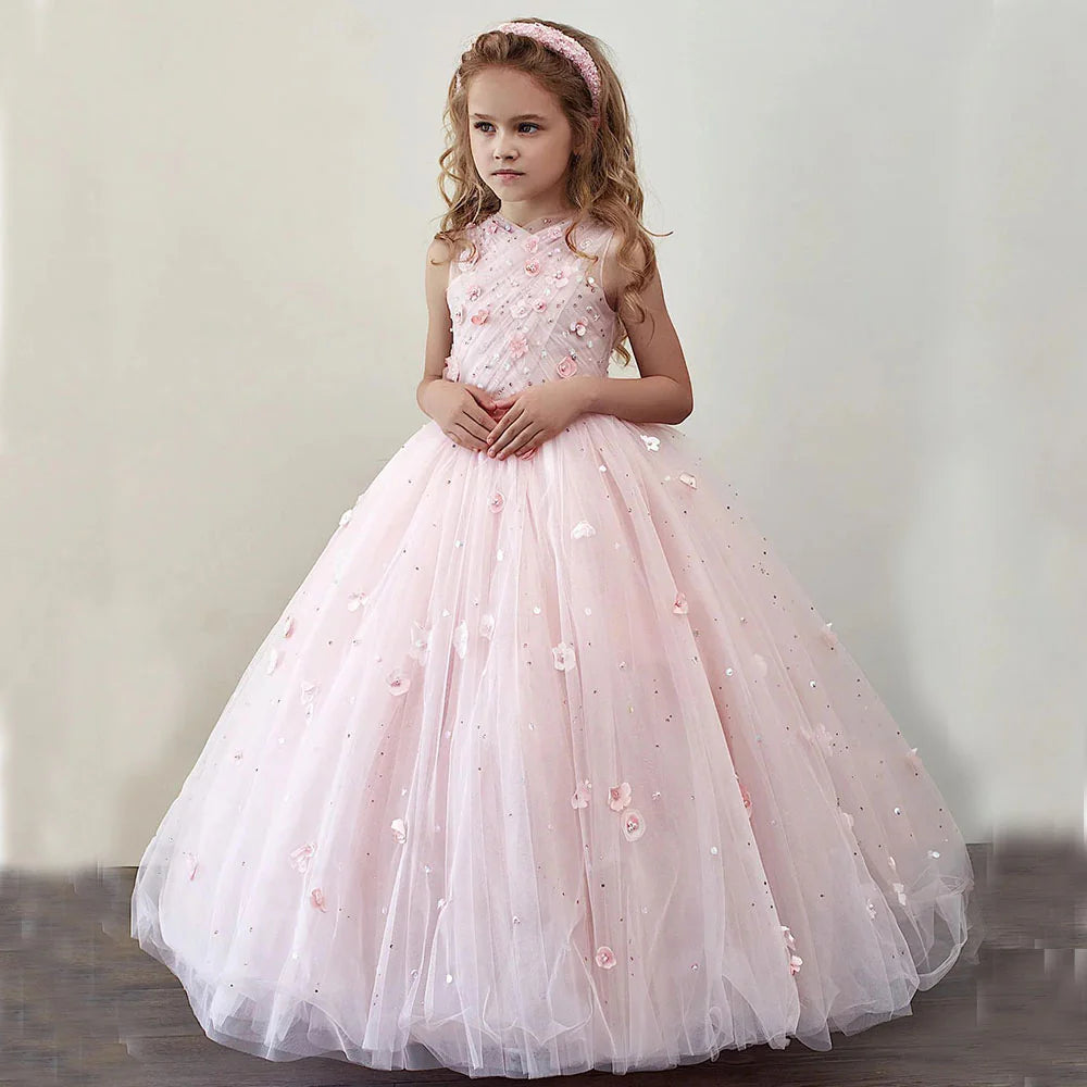 DreamyVow Luxury Dubai Blush Flower Girl Dress Pearls Princess Kids Wedding Birthday Party Evening Gown Communion 2024 J200-DreamyVow