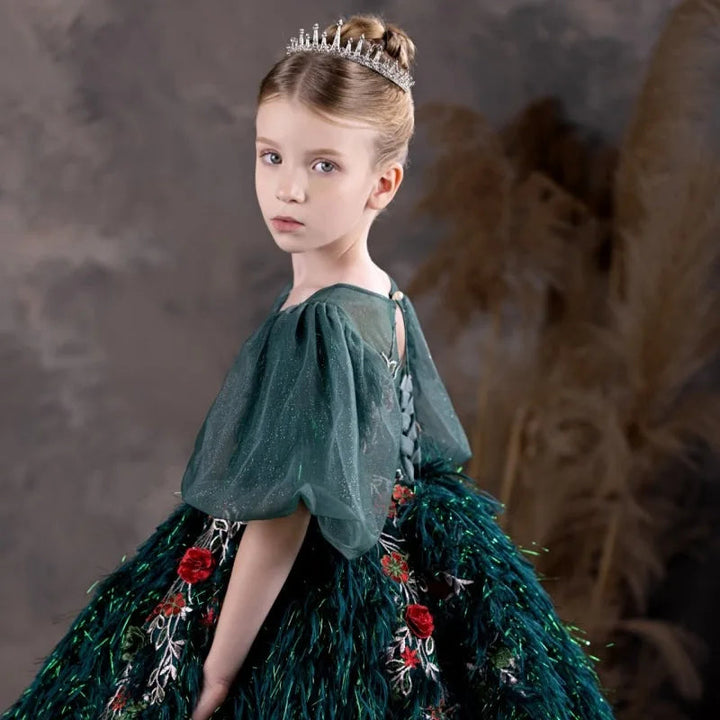 DreamyVow Luxury Dubai Green Flower Girl Dresses Feathers Applique Princess Gown for Kids Birthday Wedding Party Pageant J127-DreamyVow