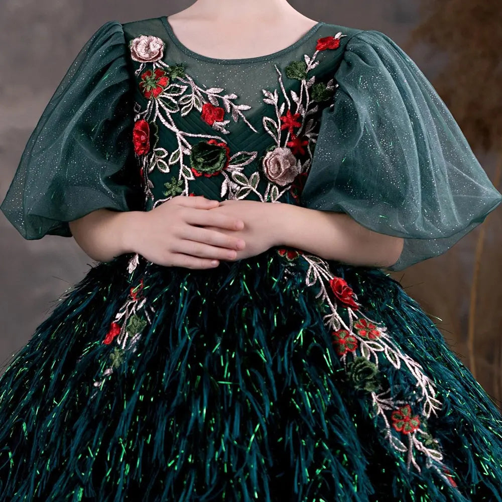 DreamyVow Luxury Dubai Green Flower Girl Dresses Feathers Applique Princess Gown for Kids Birthday Wedding Party Pageant J127-DreamyVow