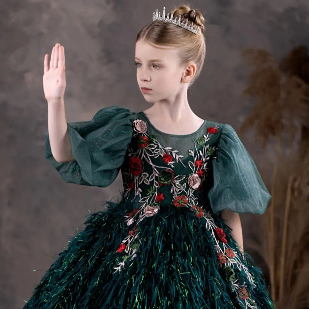 DreamyVow Luxury Dubai Green Flower Girl Dresses Feathers Applique Princess Gown for Kids Birthday Wedding Party Pageant J127-DreamyVow