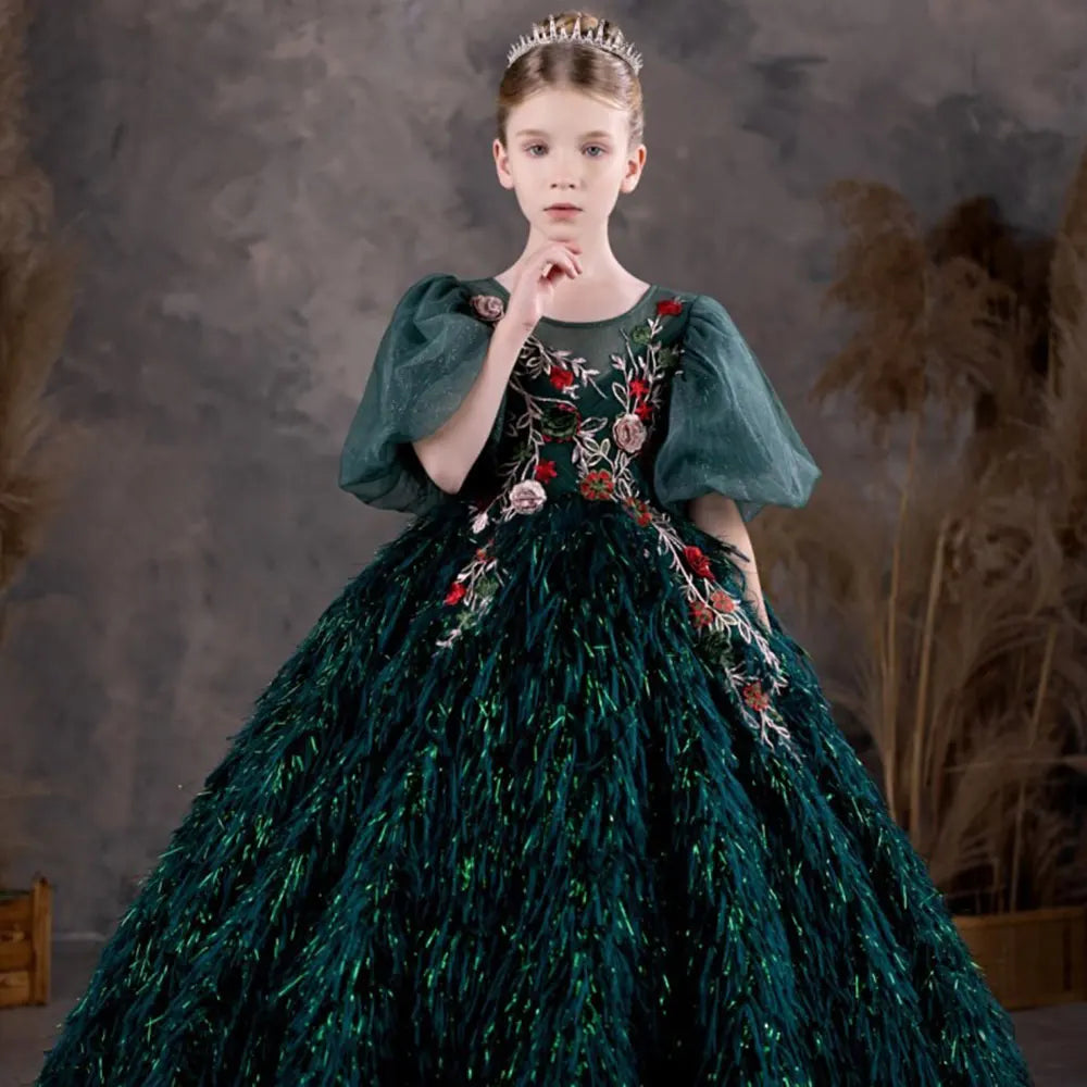 DreamyVow Luxury Dubai Green Flower Girl Dresses Feathers Applique Princess Gown for Kids Birthday Wedding Party Pageant J127-DreamyVow