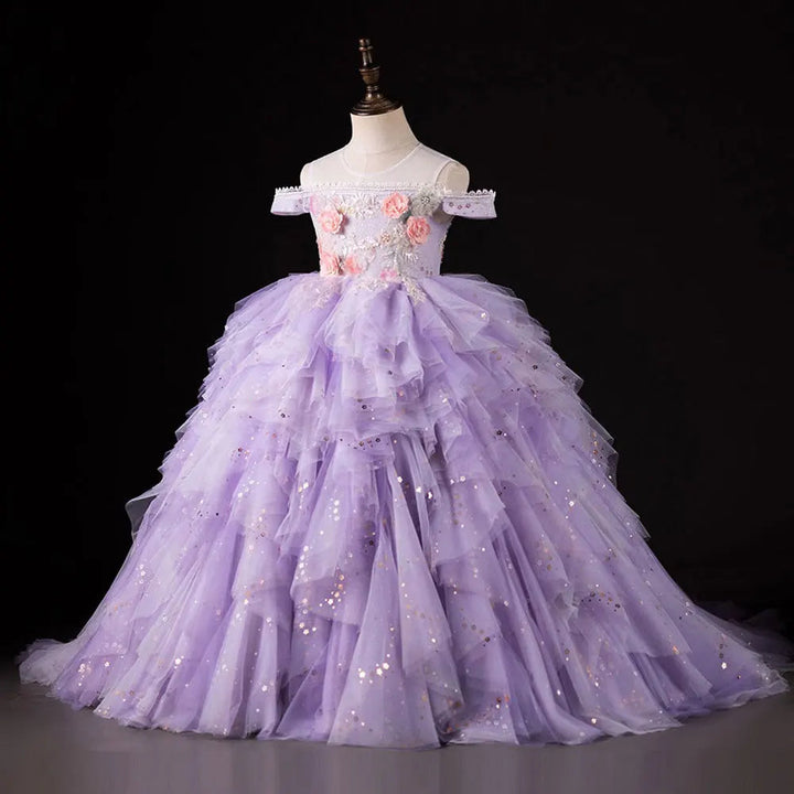 DreamyVow Luxury Dubai Lilac Flower Girl Dress Pearls Princess Kids Wedding Birthday Party Ball Gown Holy Communion 2024 J230-DreamyVow