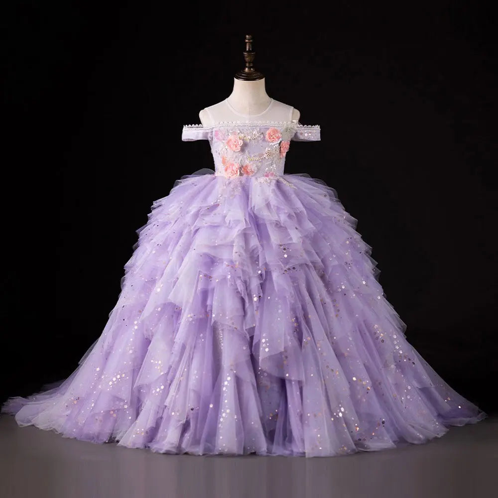 DreamyVow Luxury Dubai Lilac Flower Girl Dress Pearls Princess Kids Wedding Birthday Party Ball Gown Holy Communion 2024 J230-DreamyVow